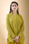 SHRADDHA RAMBHIA_Yellow Chanderi Embroidered Thread Shirt Collar High-low _at_Aza_Fashions