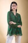 SHRADDHA RAMBHIA_Green Chanderi Print Kalamkari Floral Mandarin Collar Shirt _at_Aza_Fashions