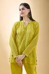 Shop_SHRADDHA RAMBHIA_Yellow Chanderi Embroidered Thread Mandarin Collar Floral Shirt _Online_at_Aza_Fashions