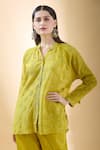 SHRADDHA RAMBHIA_Yellow Chanderi Embroidered Thread Mandarin Collar Floral Shirt _at_Aza_Fashions