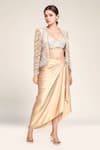 EEKSHA_Gold Embroidered Floral Blouse Sweetheart Jacket With Draped Skirt _Online