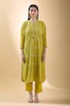 Buy_SHRADDHA RAMBHIA_Yellow Chanderi Embroidered Thread Mandarin Collar Floral Kurta _Online_at_Aza_Fashions