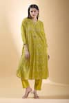 Shop_SHRADDHA RAMBHIA_Yellow Chanderi Embroidered Thread Mandarin Collar Floral Kurta _Online_at_Aza_Fashions