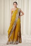 Buy_Anamika Khanna_Yellow Embroidered Floral Straight Neck Border Pre-draped Sharara Saree Set _at_Aza_Fashions