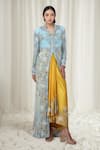 Buy_Anamika Khanna_Blue Chanderi Embroidered Floral Cape Band Collar Long Skirt Set _at_Aza_Fashions