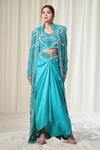 Buy_Anamika Khanna_Blue Embroidered Fleur Blouse U Neck Long Coat And Draped Skirt Set _at_Aza_Fashions