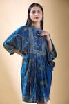 Buy_SHRADDHA RAMBHIA_Blue Malai Silk Print Flower Mandarin Collar Draped Dress _Online_at_Aza_Fashions