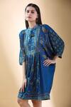 Shop_SHRADDHA RAMBHIA_Blue Malai Silk Print Flower Mandarin Collar Draped Dress _Online_at_Aza_Fashions