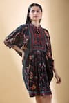 Buy_SHRADDHA RAMBHIA_Black Malai Silk Print Floral Vine Mandarin Collar Draped Dress _Online_at_Aza_Fashions