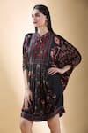 SHRADDHA RAMBHIA_Black Malai Silk Print Floral Vine Mandarin Collar Draped Dress _at_Aza_Fashions