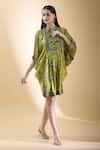 Buy_SHRADDHA RAMBHIA_Yellow Malai Silk Print Floral Vine Mandarin Collar Draped Dress _at_Aza_Fashions