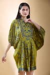 Buy_SHRADDHA RAMBHIA_Yellow Malai Silk Print Floral Vine Mandarin Collar Draped Dress _Online_at_Aza_Fashions