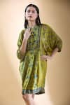 SHRADDHA RAMBHIA_Yellow Malai Silk Print Floral Vine Mandarin Collar Draped Dress _at_Aza_Fashions