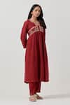 Buy_Priya Chaudhary_Red Soft Chanderi Embroidered Thread Notched Round Yoke Kurta Pant Set _Online_at_Aza_Fashions