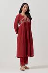 Buy_Priya Chaudhary_Red Soft Chanderi Embroidered Thread Notched Round Yoke Kurta With Pant _Online_at_Aza_Fashions