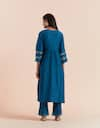 Shop_Priya Chaudhary_Blue Chanderi Silk Embroidered Floral Key Hole Straight Kurta With Pant _at_Aza_Fashions