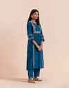 Priya Chaudhary_Blue Chanderi Silk Embroidered Floral Key Hole Straight Kurta With Pant _Online_at_Aza_Fashions