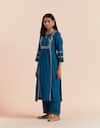 Buy_Priya Chaudhary_Blue Chanderi Silk Embroidered Floral Key Hole Straight Kurta With Pant _Online_at_Aza_Fashions