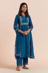 Buy_Priya Chaudhary_Blue Chanderi Silk Embroidered Floral Key Hole Straight Kurta Pant Set _at_Aza_Fashions