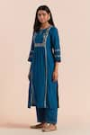 Buy_Priya Chaudhary_Blue Chanderi Silk Embroidered Floral Key Hole Straight Kurta Pant Set _Online_at_Aza_Fashions