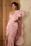 Buy_SAANJH BY LEA_Pink Satin Embroidered Sequin Scoop Pariza Pre-draped Saree With Blouse _Online_at_Aza_Fashions