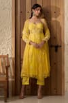 Buy_SAANJH BY LEA_Yellow Mesh Embroidered Lace Sweetheart Fariha Work Anarkali Pant Set _at_Aza_Fashions