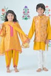 The Plum Bum_Yellow Satin Linen Printed Lace Floral Kurta And Tulip Pant Set _Online_at_Aza_Fashions