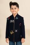 Shop_LITTLE BOYS CLOSET_Blue Sandwash Suiting Embroidery Thread Gamer Placement Jacket _at_Aza_Fashions