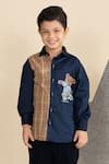 Buy_LITTLE BOYS CLOSET_Blue Cotton Satin Embroidery Big Teddy Football Colorblock Shirt _at_Aza_Fashions