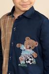 LITTLE BOYS CLOSET_Blue Cotton Satin Embroidery Big Teddy Football Colorblock Shirt _Online_at_Aza_Fashions