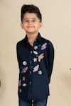 Shop_LITTLE BOYS CLOSET_Blue Cotton Satin Embroidery Resham Animal Shirt _at_Aza_Fashions