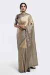 Buy_Onaya_Beige Tissue Embellished Badla High Hem Saree With Blouse _at_Aza_Fashions