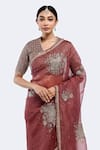 Buy_Onaya_Red Organza Embellished Badla V Neck Floral Patch Work Saree With Blouse _Online_at_Aza_Fashions