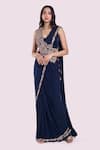 Buy_Onaya_Blue Lycra Sequins, Cut Work Leaf Embellished Pre-draped Saree With Blouse _at_Aza_Fashions