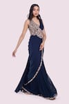 Onaya_Blue Lycra Sequins, Cut Work Leaf Embellished Pre-draped Saree With Blouse _Online_at_Aza_Fashions