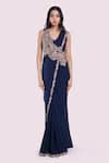 Shop_Onaya_Blue Lycra Sequins, Cut Work Leaf Embellished Pre-draped Saree With Blouse _Online_at_Aza_Fashions
