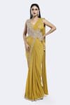 Buy_Onaya_Yellow Lycra Net Embellished Cutdana Attached Sash Pre-draped Saree With Blouse _at_Aza_Fashions