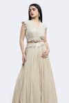 Buy_Onaya_Ivory Georgette Embellished Mirrorwork Jacket Mandarin Collar Crop Lehenga Set _Online_at_Aza_Fashions