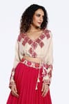 Shop_Onaya_Pink Embellished Mirrorwork V-neck Tassel Crop Top With Skirt _Online_at_Aza_Fashions