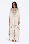 Buy_Onaya_Off White Crepe Embroidered Zardozi V-neck Asymmetric Kaftan Draped Pant Set _at_Aza_Fashions