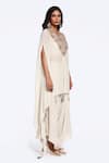 Buy_Onaya_Off White Crepe Embroidered Zardozi V-neck Asymmetric Kaftan Draped Pant Set _Online_at_Aza_Fashions