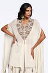 Shop_Onaya_Off White Crepe Embroidered Zardozi V-neck Asymmetric Kaftan Draped Pant Set _Online_at_Aza_Fashions