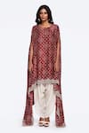 Buy_Onaya_Maroon Satin Printed Bandhani Round Asymmetric Kaftan Dhoti Pant Set _at_Aza_Fashions