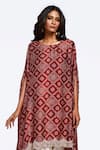 Shop_Onaya_Maroon Satin Printed Bandhani Round Asymmetric Kaftan Dhoti Pant Set _Online_at_Aza_Fashions