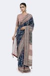 Buy_Onaya_Blue Bemberg Satin Embellished Sequin Round Floral Vine Print Saree With Blouse _at_Aza_Fashions