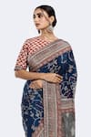 Onaya_Blue Bemberg Satin Embellished Sequin Round Floral Vine Print Saree With Blouse _Online_at_Aza_Fashions