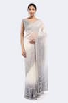 Buy_Onaya_Off White Organza Embellished Sequin V-neck Ombre Saree With Blouse _at_Aza_Fashions