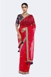 Buy_Onaya_Magenta Organza Embellished Sequin V-neck Scalloped Saree With Blouse _at_Aza_Fashions