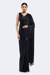 Buy_Onaya_Black Satin Embellished Sequin V-neck Tonal Saree With Blouse _at_Aza_Fashions