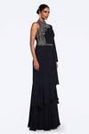 Shop_Onaya_Black Georgette Embellished Bead Round High Neck Floral Yoke Gown _Online_at_Aza_Fashions